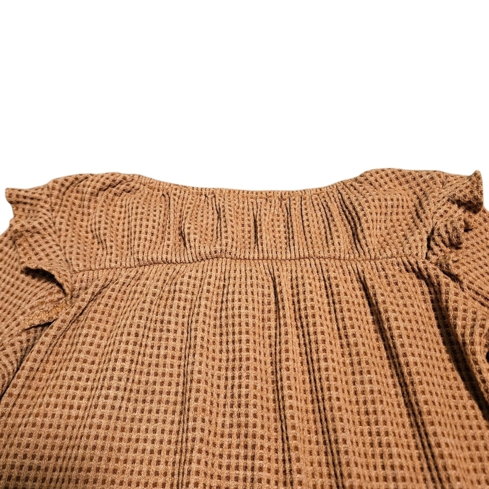 Hailey & Co Wmns M Waffle Knit Blouse Tan Boho Peasant Ruffle Bishop Sleeve USA - Picture 5 of 12